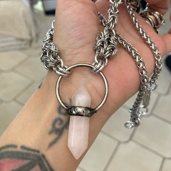 Handmade Genuine light pink rose quartz crystal maille silver boho goth necklace - Picture 8 of 11